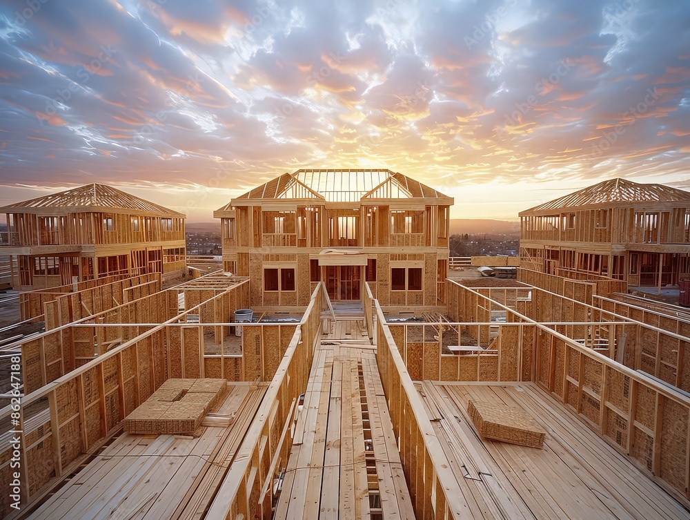 Carpenters assembling the wooden frame of a house, using hammers and nail guns to secure the studs and joists. Carpenters assembling the wooden frame of a house, using hammers and nail guns to secure the studs and joists.