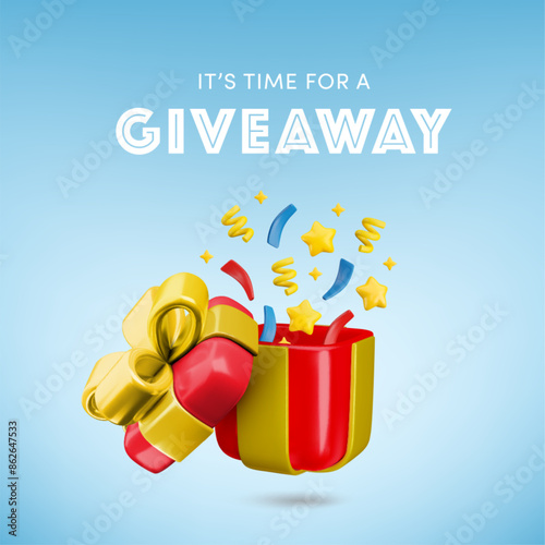 Vector Cartoon 3d giveaway banner with festive realistic gift box and confetti explosion inside on blue background. Gift offer promotion poster template. It's time for give away social media post.