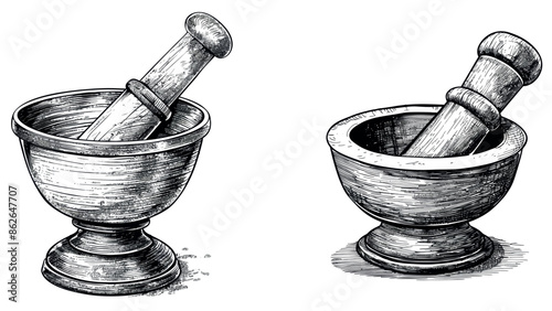 This engraving illustration shows mortar and pestle isolated on a white background. It is the logo of a pharmacy and medicine store.