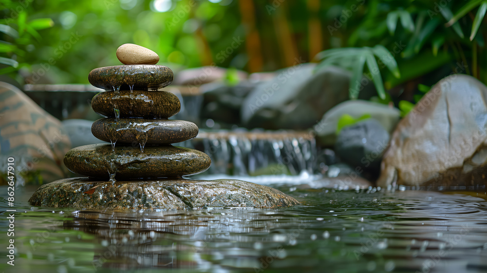 Spar stones stacked up bamboo water garden Spar stones stacked up bamboo water garden