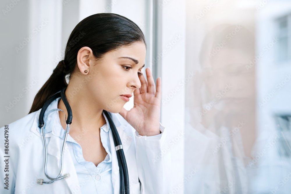 Woman, doctor and headache in stress, mistake or burnout against glass window in hospital building. Frustrated or sad physician or medical healthcare person in grief, loss or failed surgery at clinic Woman, doctor and headache in stress, mistake or burnout against glass window in hospital building. Frustrated or sad physician or medical healthcare person in grief, loss or failed surgery at clinic