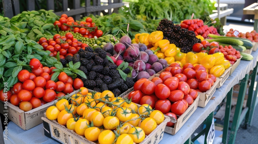 A vibrant array of fresh vegetables and fruits at a local farmers market stand, showcasing the rich variety and colors of organic produce. A vibrant array of fresh vegetables and fruits at a local farmers market stand, showcasing the rich variety and colors of organic produce.