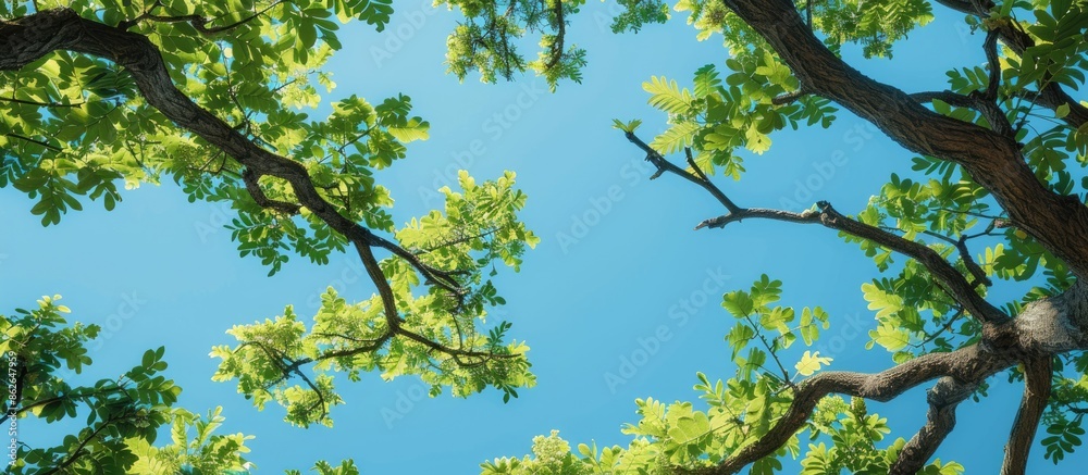 Summer day scene with oak tree branches and green leaves against a bright sunlit blue sky, creating a tranquil nature landscape with a vibrant green forest in the background. Perfect for a copy space Summer day scene with oak tree branches and green leaves against a bright sunlit blue sky, creating a tranquil nature landscape with a vibrant green forest in the background. Perfect for a copy space