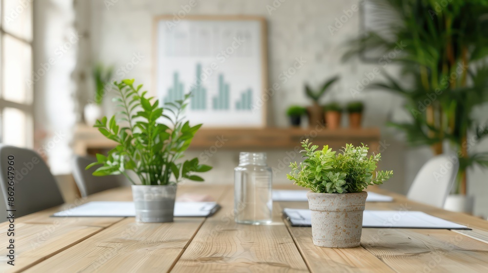 A table with a potted plant and a glass of water in front of a white board with a picture of a graph A table with a potted plant and a glass of water in front of a white board with a picture of a graph
