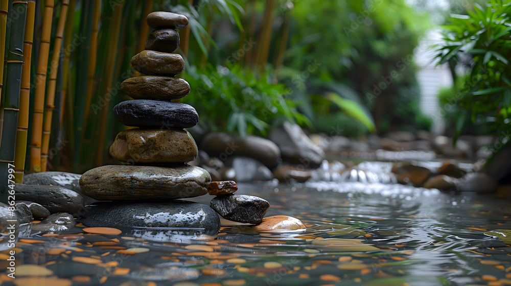 Spar stones stacked up bamboo water garden Spar stones stacked up bamboo water garden