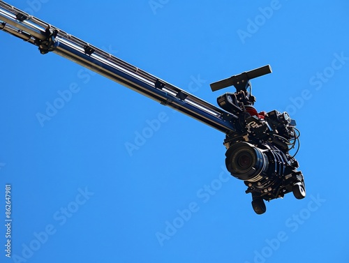 camera jib with a long arm and remote-controlled camera head, used to capture smooth, sweeping shots and high-angle views.