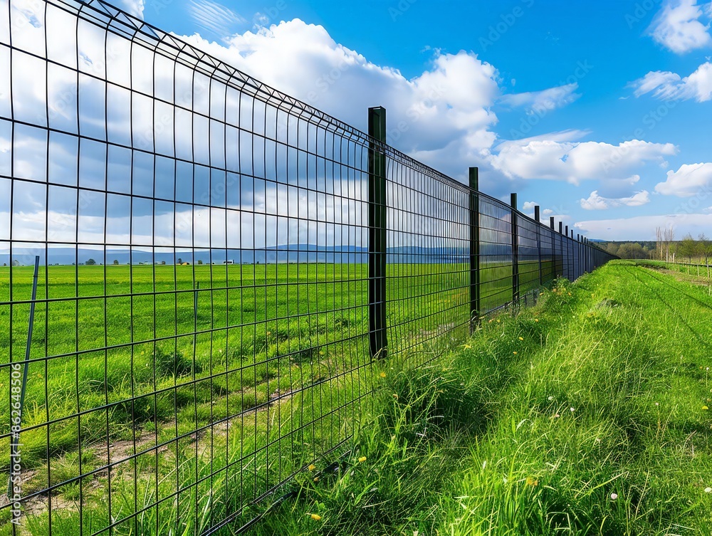 A high-security perimeter fence with anti-climb features and electronic monitoring, protecting the boundary of a property. A high-security perimeter fence with anti-climb features and electronic monitoring, protecting the boundary of a property.