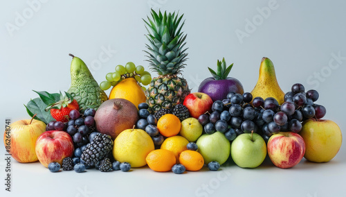 A pile of fresh fruits including apples, grapes and bananas arranged on top of each other against white background. Created with Ai