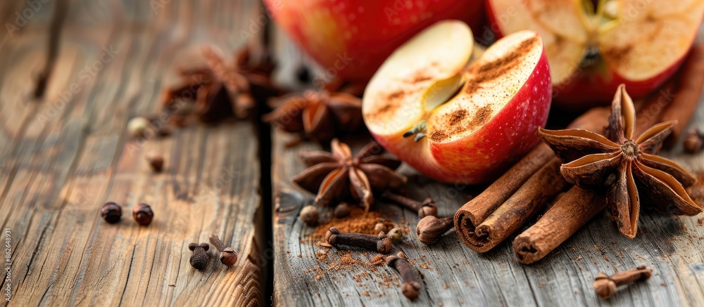 Red spiced apples with cinnamon sticks and star anise on a textured wooden background. Apple slices with spicy seasonings on a copy space image with room for text. Harvested fruits displayed Red spiced apples with cinnamon sticks and star anise on a textured wooden background. Apple slices with spicy seasonings on a copy space image with room for text. Harvested fruits displayed
