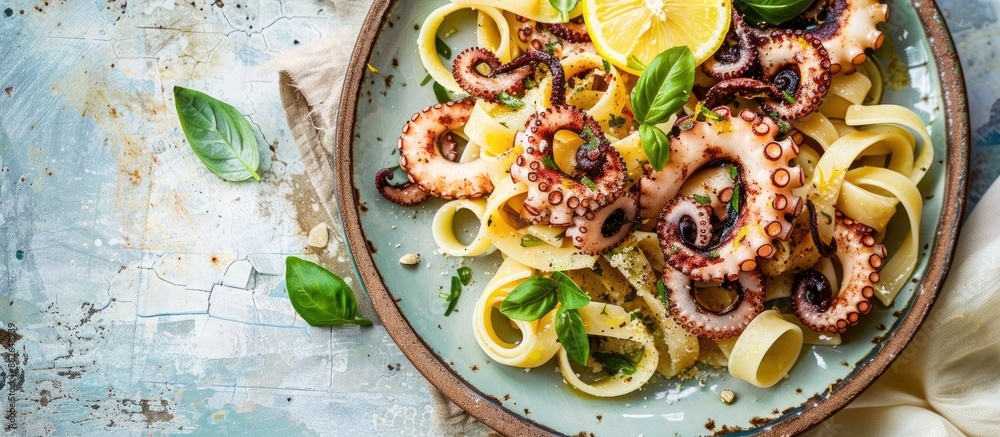 Top view copy space image featuring homemade octopus pasta with lemon and herbs, a Mediterranean dish set against a sunny summer tile background.