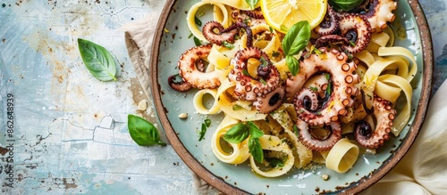 Obraz na płótnie Top view copy space image featuring homemade octopus pasta with lemon and herbs, a Mediterranean dish set against a sunny summer tile background. w salonie