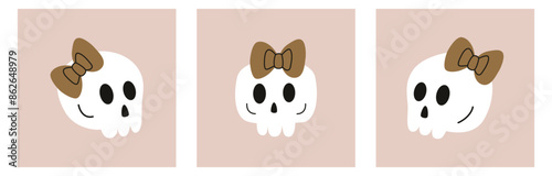 Set of cute skulls with a bow.Front and side view. Halloween, day of death, Día de los Muertos.