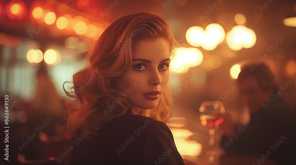 Woman Looking Over Shoulder in Nightclub With Warm Lights Woman Looking Over Shoulder in Nightclub With Warm Lights