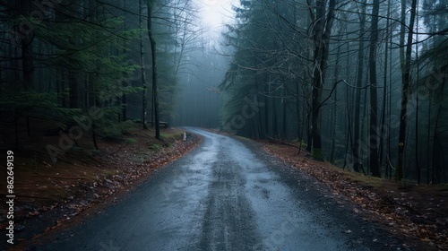 A road in the woods with rain falling. The road is wet and the trees are covered in leaves