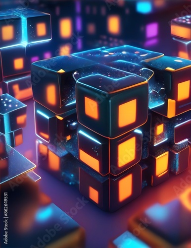 Abstract technology background with 3D cubes geometric shape. Futuristic technology wallpaper. Digital cyber tech backdrop background. abstract background neon glowing lights.
