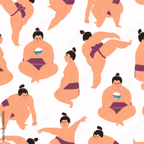 Seamless pattern made with sumo wrestler character in variety poses and emotions. Sport person, workout, fight, eating, dancing.