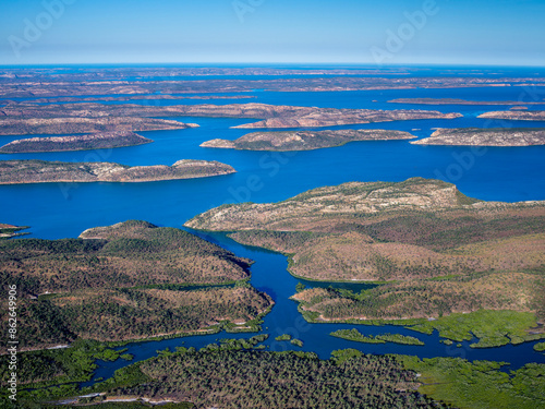 Aerial view of Buccaneer Archipelago with pristine islands and blue water, Kimberley, Australia.