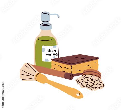 Dishwashing cleaning supplies. Natural dish-washing detergent in bottle, sponge, brush. Eco-friendly organic cleanser, kitchen cleaner tools. Flat vector illustration isolated on white background