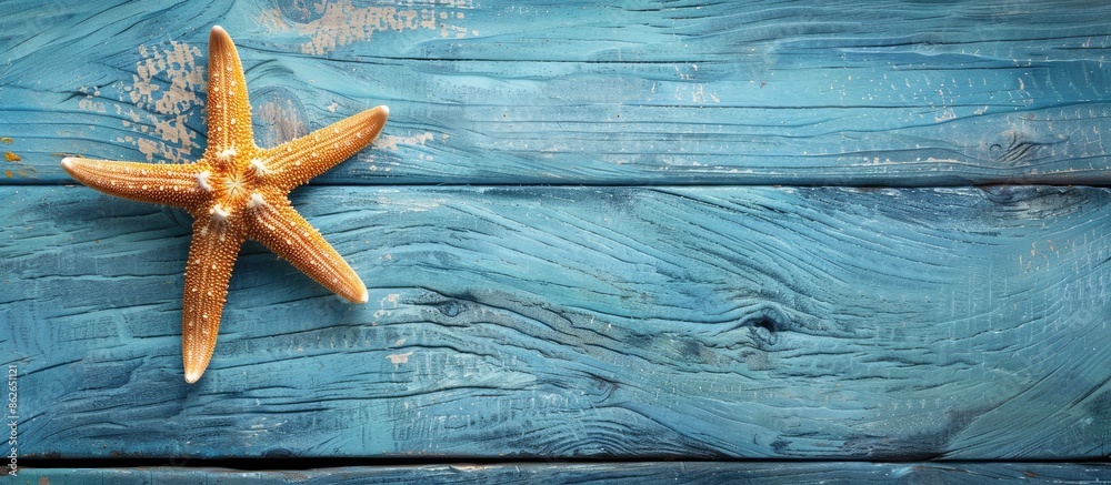 Starfish on a blue wooden surface with a blank area for additional images. Starfish on a blue wooden surface with a blank area for additional images.