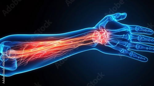 A 3D illustration of a human arm showing the bones and muscles. The wrist is highlighted in red, indicating pain or injury. photo