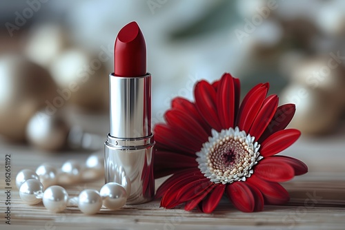 Elegant Red Lipstick with Red Flower and Pearls - Beauty and Fashion Concept for Makeup and Accessories