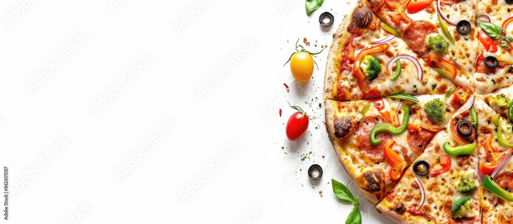 Pizza topped with cheese and vegetables in a copy space image on a white background. Pizza topped with cheese and vegetables in a copy space image on a white background.