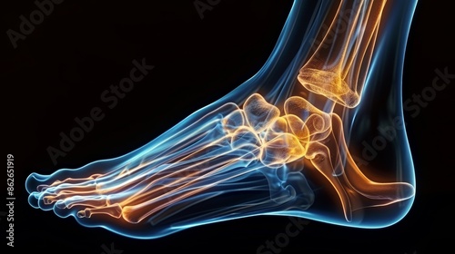 Detailed anatomical illustration of the human foot and ankle bones.