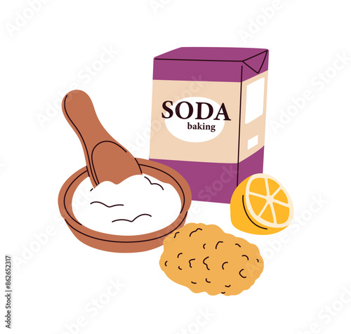 Baking soda, lemon, sponge for eco-friendly household. Natural cleaning produ...
