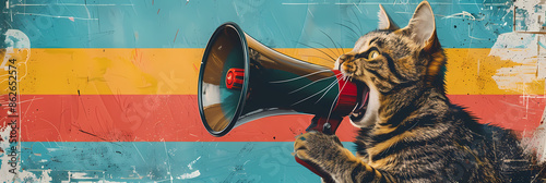 Dynamic hand gripping a megaphone in a textured graphic illustration on a bold yellow background, symbolizing vocal expression and advocacy.