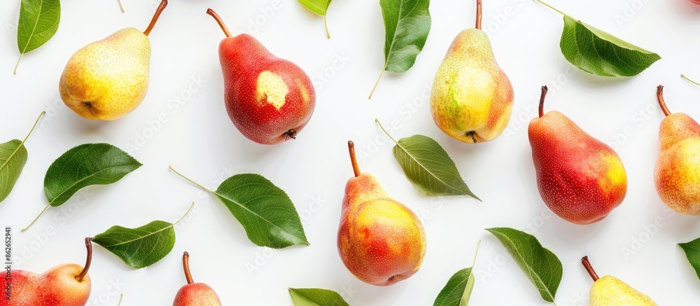 Ripe red and yellow pears with leaves isolated on a white background, providing copy space in a top-view flat lay pattern. Ripe red and yellow pears with leaves isolated on a white background, providing copy space in a top-view flat lay pattern.