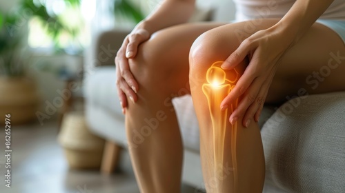 Woman experiencing pain in her knee, holding the area with both hands.