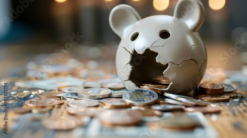 A broken piggy bank sits amidst a pile of coins, symbolizing financial loss or hardship. photo