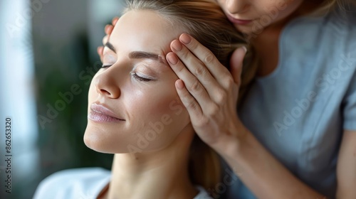A woman receives a relaxing facial massage, eyes closed and enjoying the gentle touch.