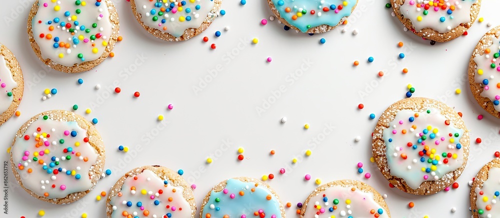 Round frame of colorful glazed cookies on a white background with copy space image. Round frame of colorful glazed cookies on a white background with copy space image.