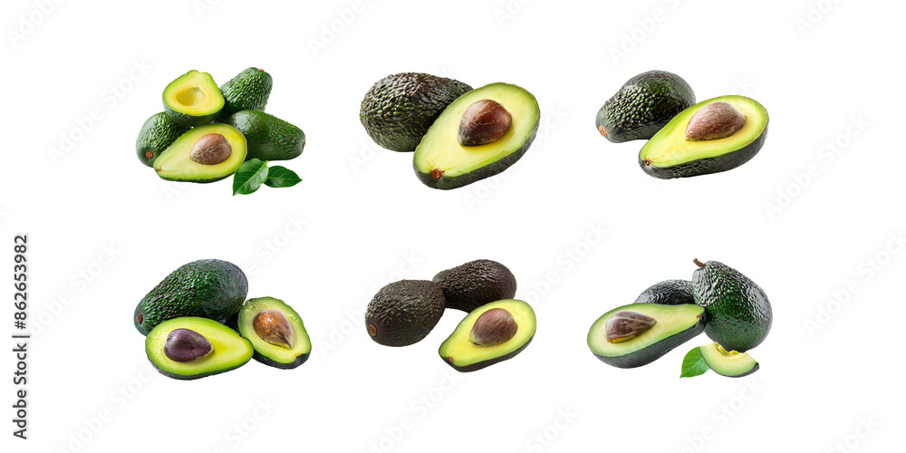 Photo of a whole avocado and half an avocado isolated on a white background, in a studio shot. Photo of a whole avocado and half an avocado isolated on a white background, in a studio shot.