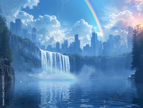 a waterfall in the sky with a cloudy blue background. The waterfall creates a mist that flows into the ocean. photo