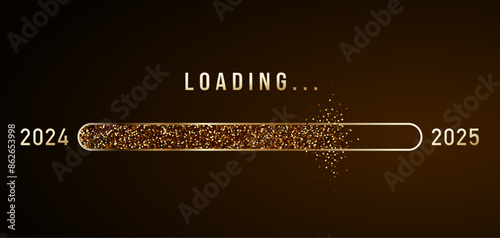 2025 loading progress bar. Gold glitter New Year countdown