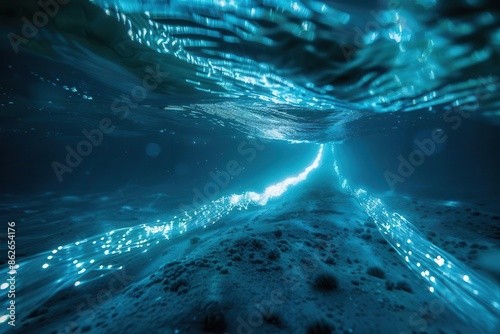 underwater fiber optic cable on ocean floor glowing with data transmission marine life and seafloor texture visible cool blue tones and bioluminescent accents