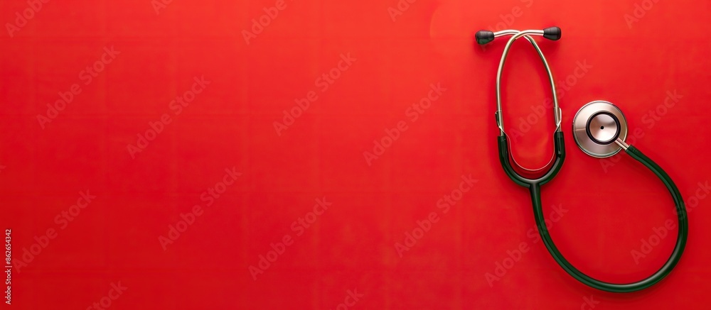 A stethoscope placed in a flat lay style on a red background, with copy space for adding text to the image. A stethoscope placed in a flat lay style on a red background, with copy space for adding text to the image.