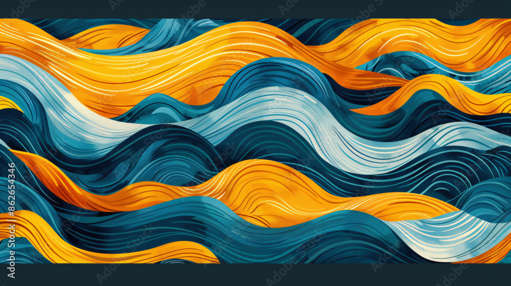 Obraz premium Abstract vector seamless pattern with blue and yellow waves, ocean or sea background, hand drawn style