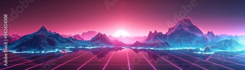 A futuristic landscape with glowing mountains and a road leading to a bright horizon. photo