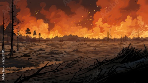 Burned field nature outdoor landscape draw paint scene view