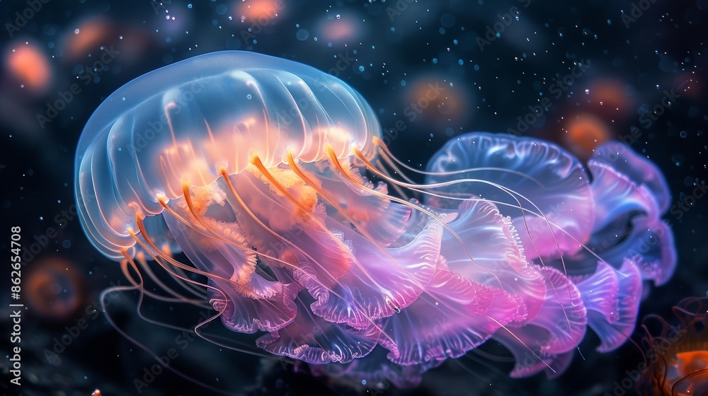 A luminous jellyfish glows with vibrant colors in a dark, underwater setting.