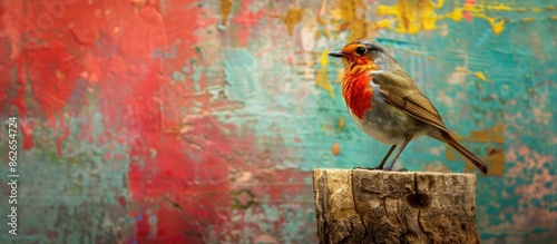 A Small Red Breast Robin sitting on a tree stump in front of a colorful backdrop, providing ample copy space image. photo