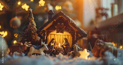 Christmas nativity scene with figurines beautifully arranged in a cozy home interior