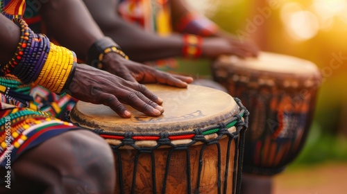 A man wearing traditional African clothing plays a djembe drum during an outdoor performance