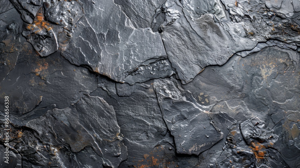 Close up of dark, rough, textured slate stone. Natural background with cracks and crevices.