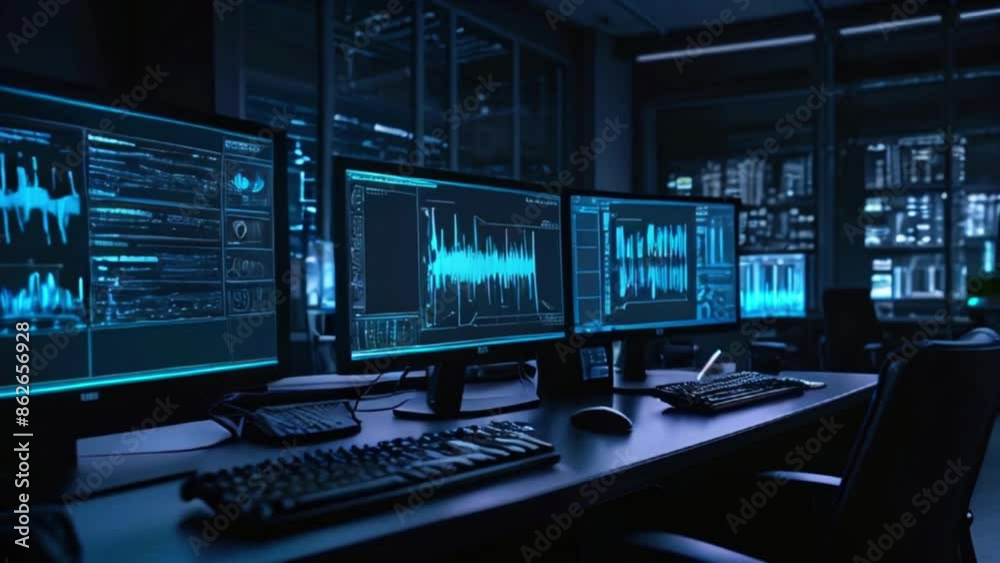 A dark room with multiple computer monitors displaying blue and green graphs and lines of code. A dark room with multiple computer monitors displaying blue and green graphs and lines of code.
