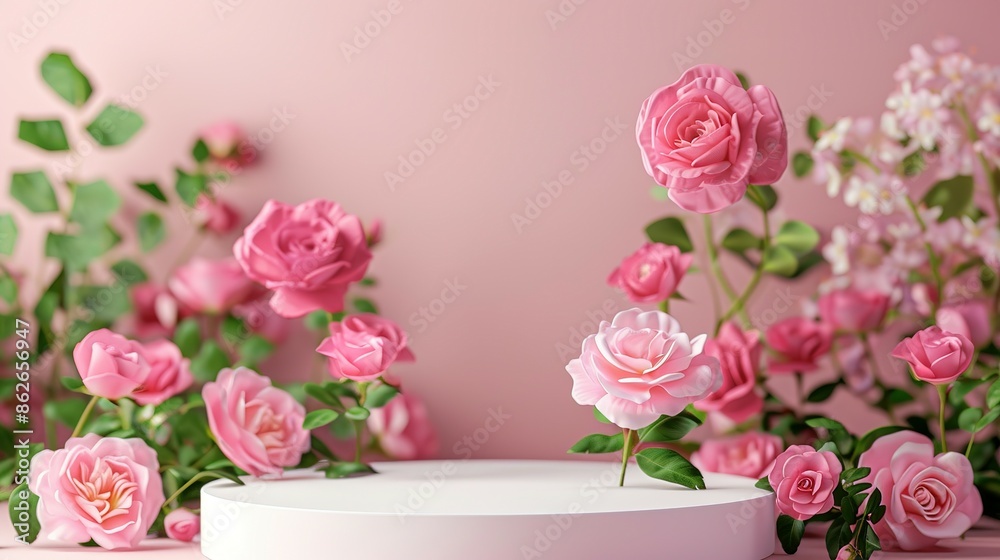 Pink Roses with White Platform Against a Soft Pink Background Pink Roses with White Platform Against a Soft Pink Background