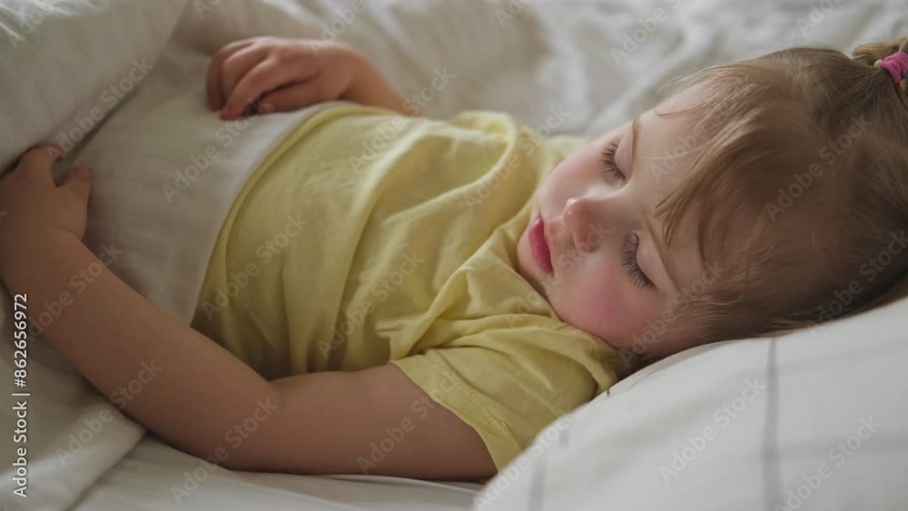 Peaceful adorable baby sleeping on a bed at home. Slumbering little child. Two years old girl sleeps peaceful at domestic room interior background. Serene dream. Cute face close up. Deep kid slumber Peaceful adorable baby sleeping on a bed at home. Slumbering little child. Two years old girl sleeps peaceful at domestic room interior background. Serene dream. Cute face close up. Deep kid slumber